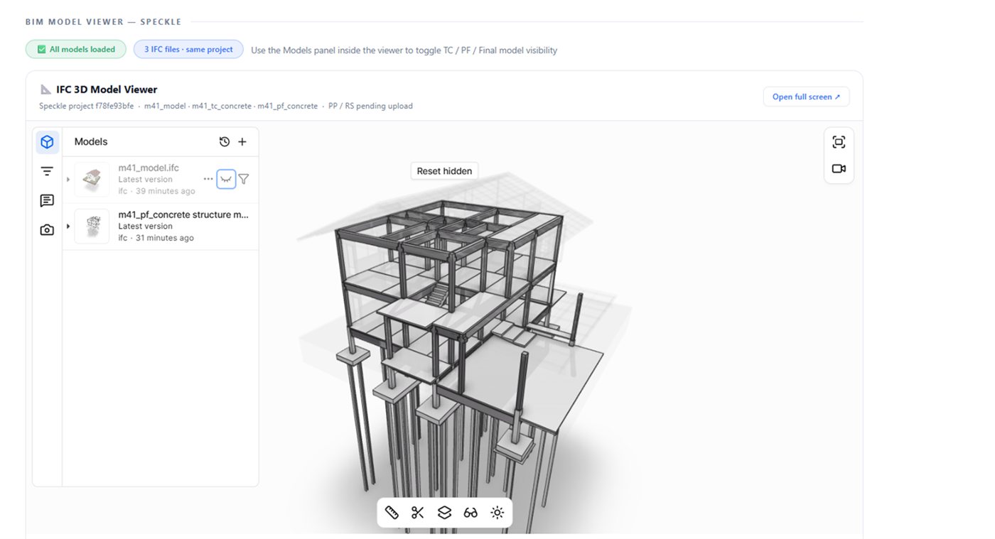 IFC 3D Model Viewer — Speckle BIM collaboration platform showing TC and PP model federation