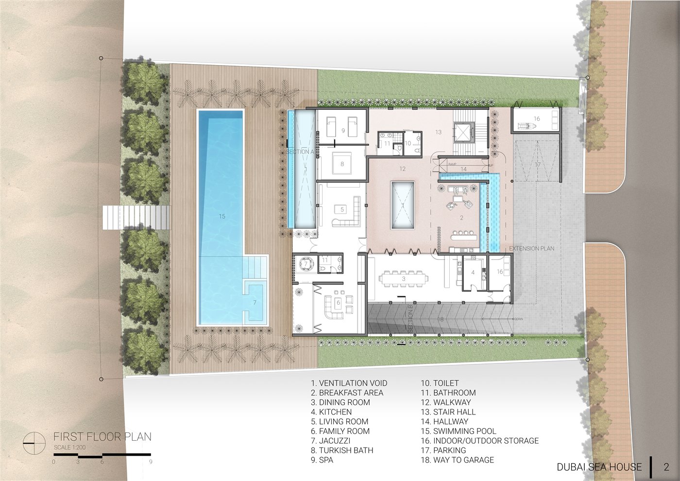 First floor plan — living, pool, spa, windcatcher layout