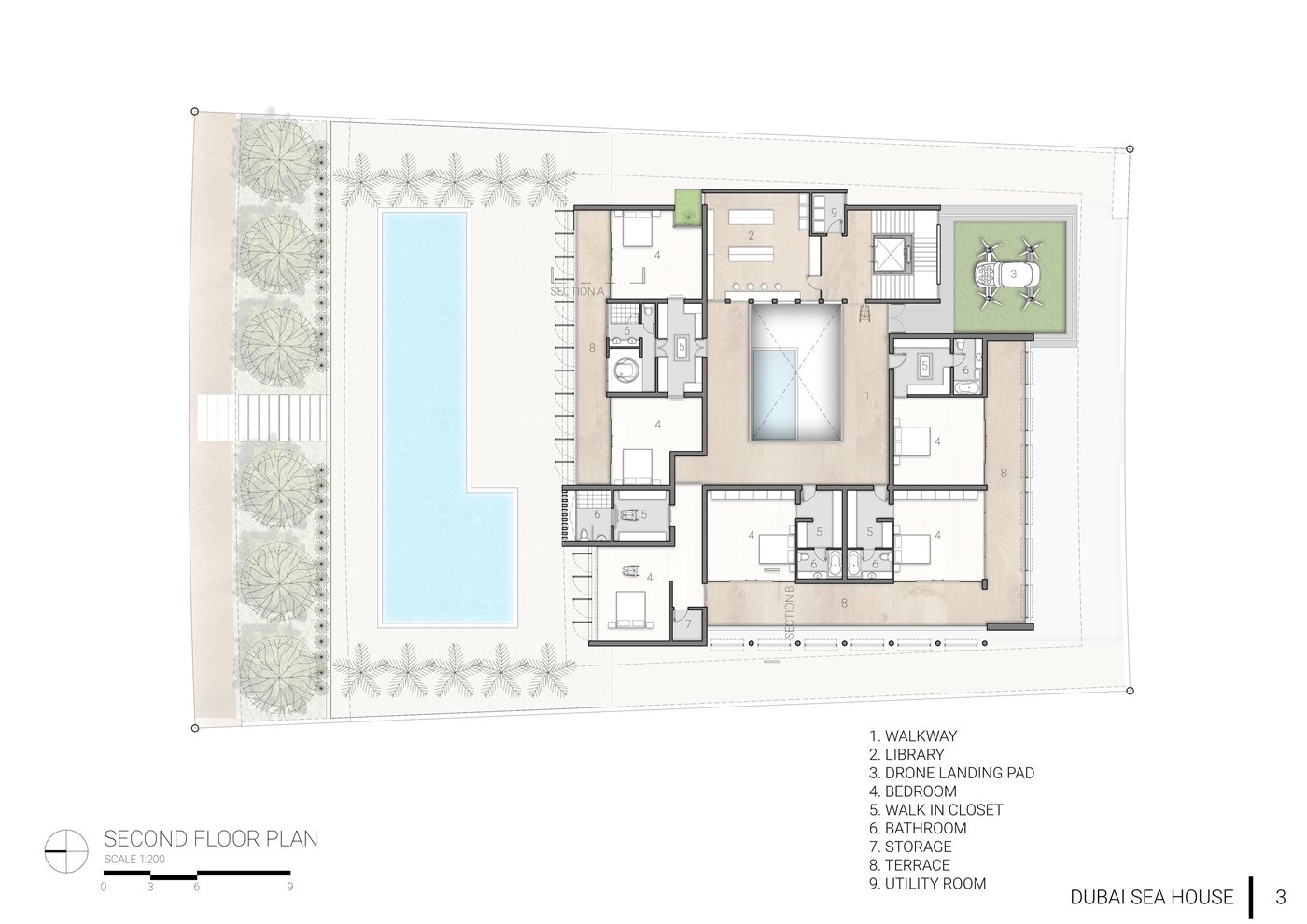 Second floor plan — bedrooms, library, drone landing pad
