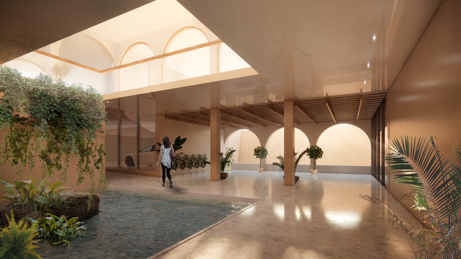 Dubai Sea House — lobby and breakfast area with arched ventilation blocks