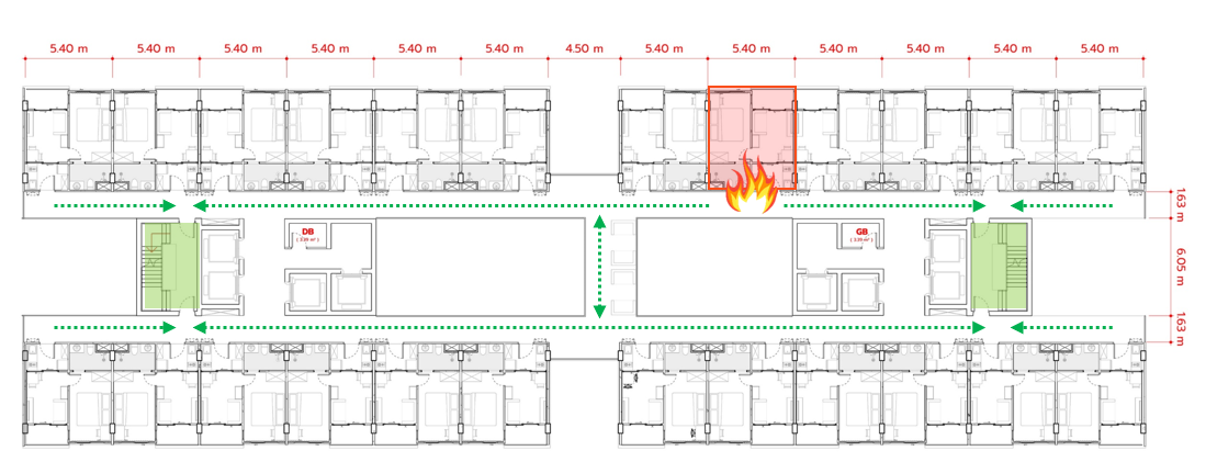 Fire compartmentation plan — smoke trap strategy every four floors