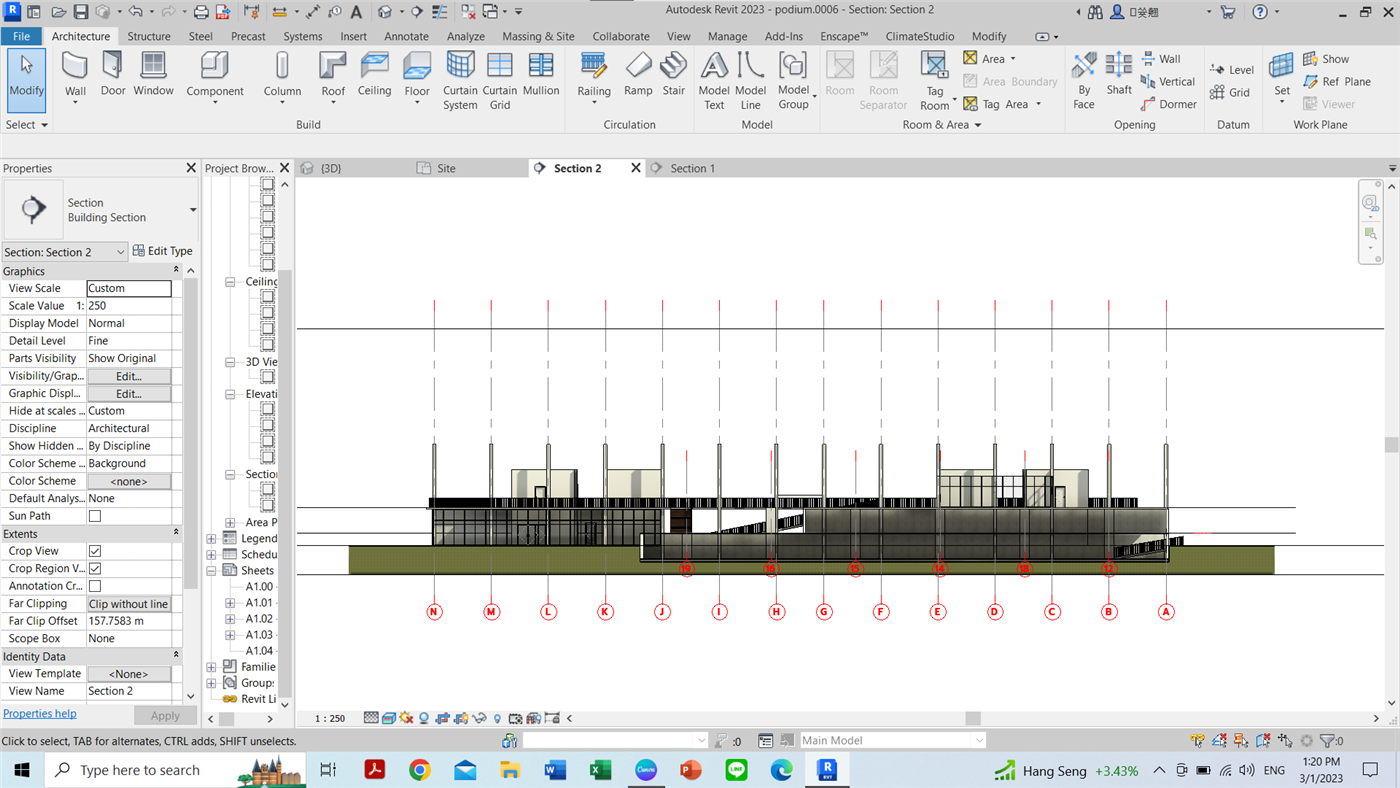 Revit BIM section view — podium model showing structural grid and building section of Social Housing Bangkok