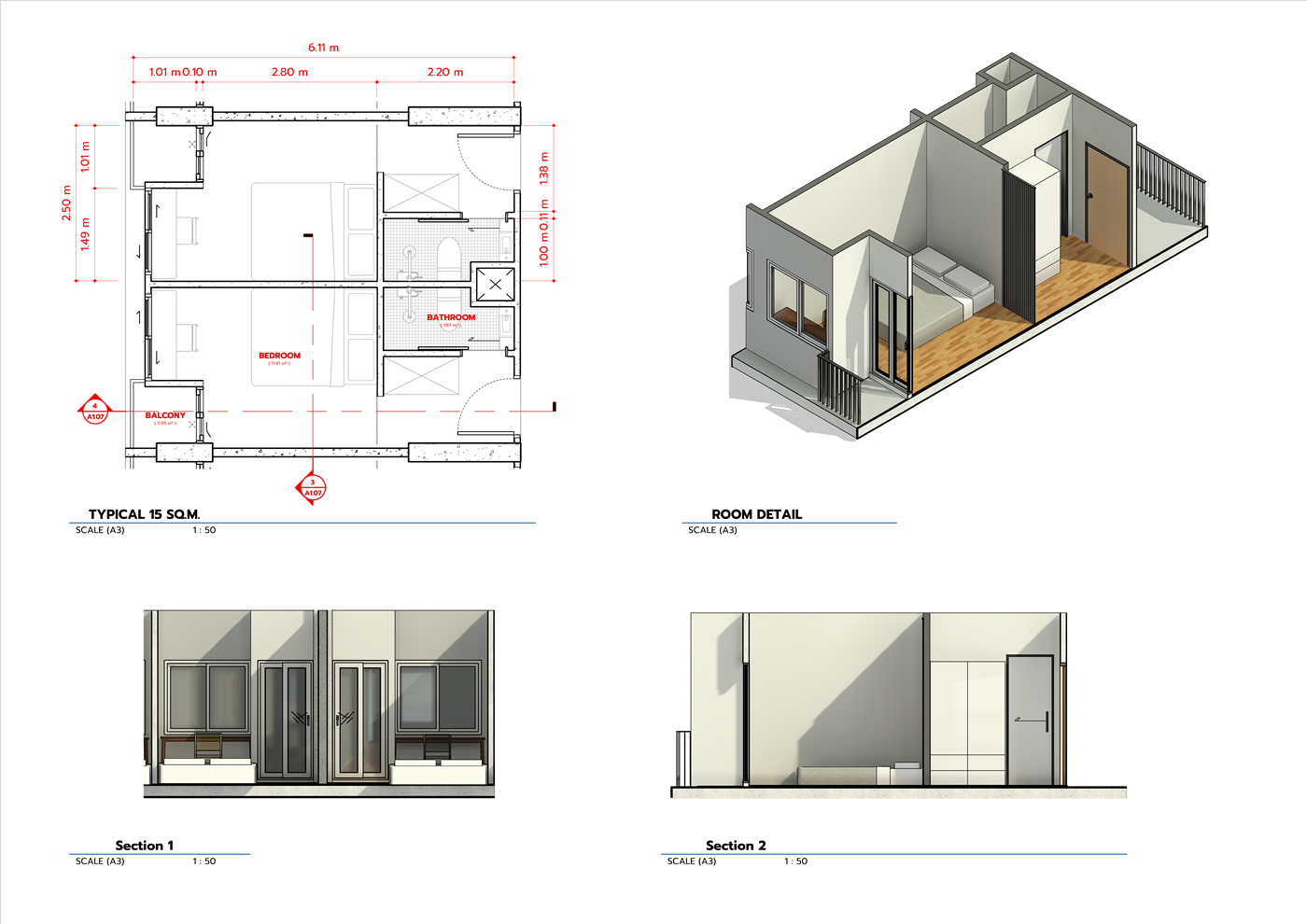 15 m² unit — plan, room detail, and interior sections