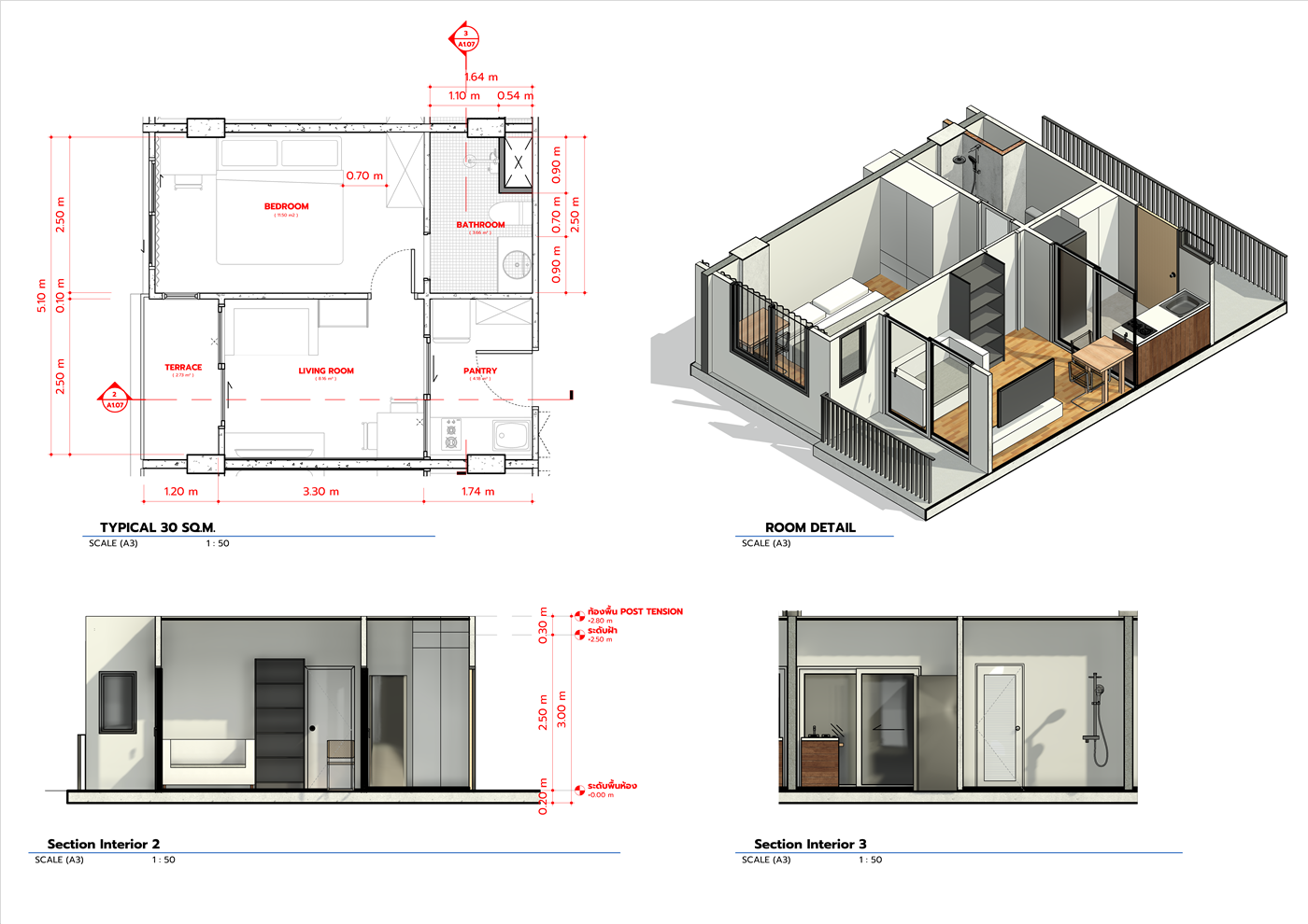 30 m² unit — plan, room detail, and interior sections