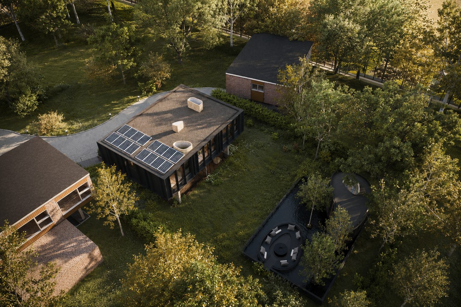 Aerial view — house, garden, and pavilion within the birch canopy