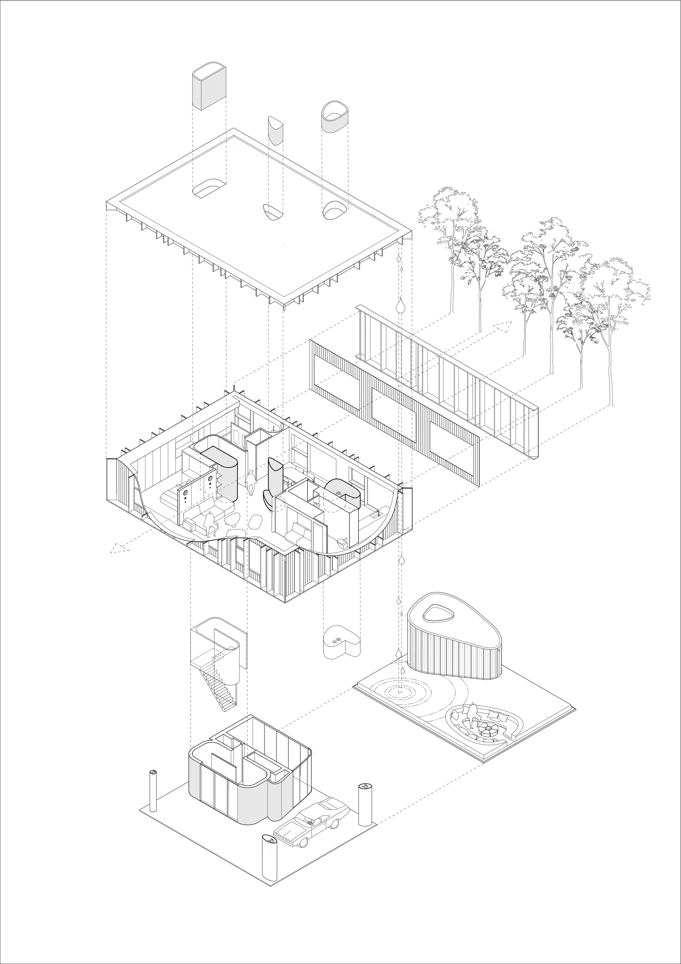 Exploded axonometric — roof, envelope, interior, undercroft, and pavilion