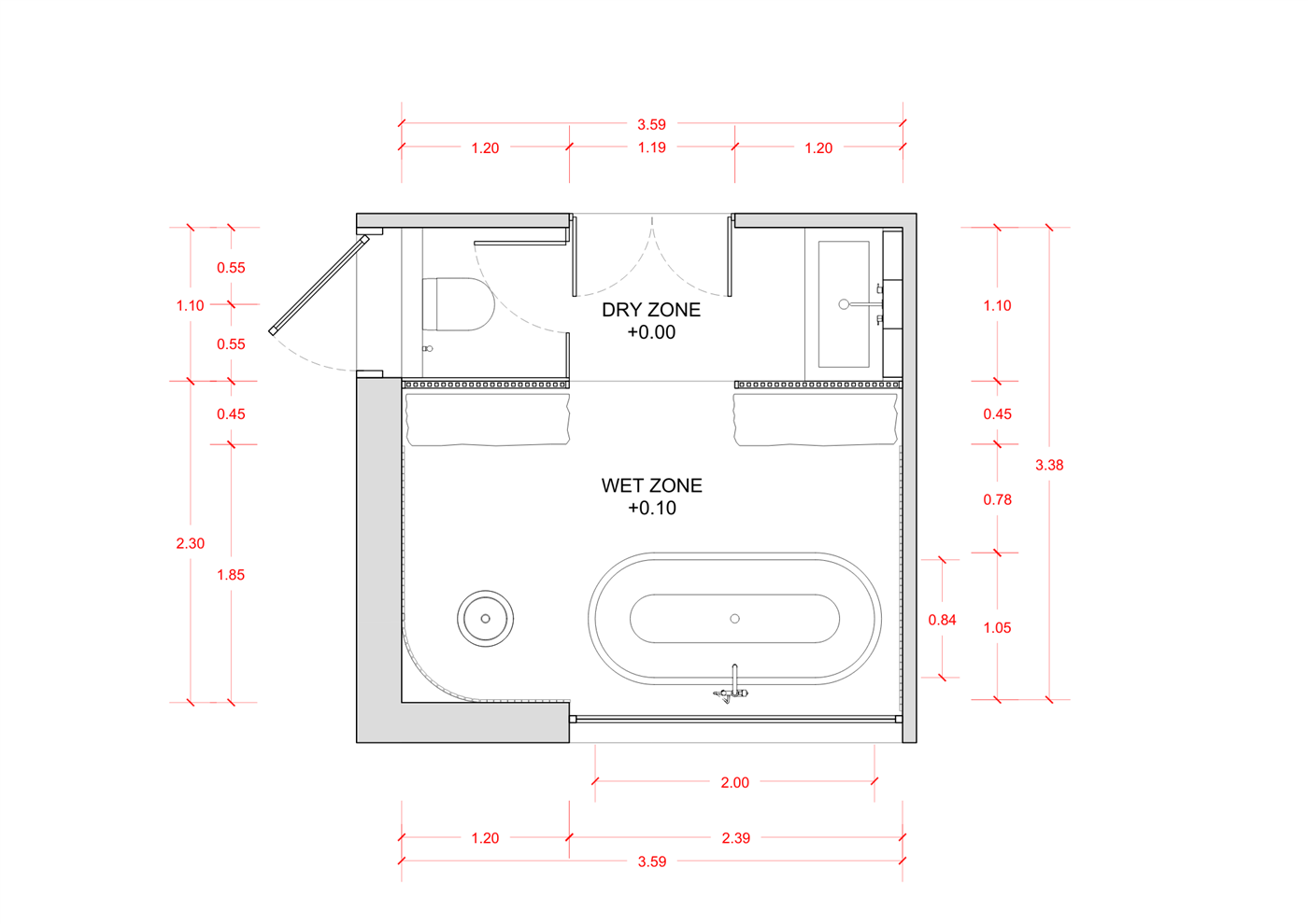 Bathroom plan — dry zone at +0.00, wet zone at +0.10
