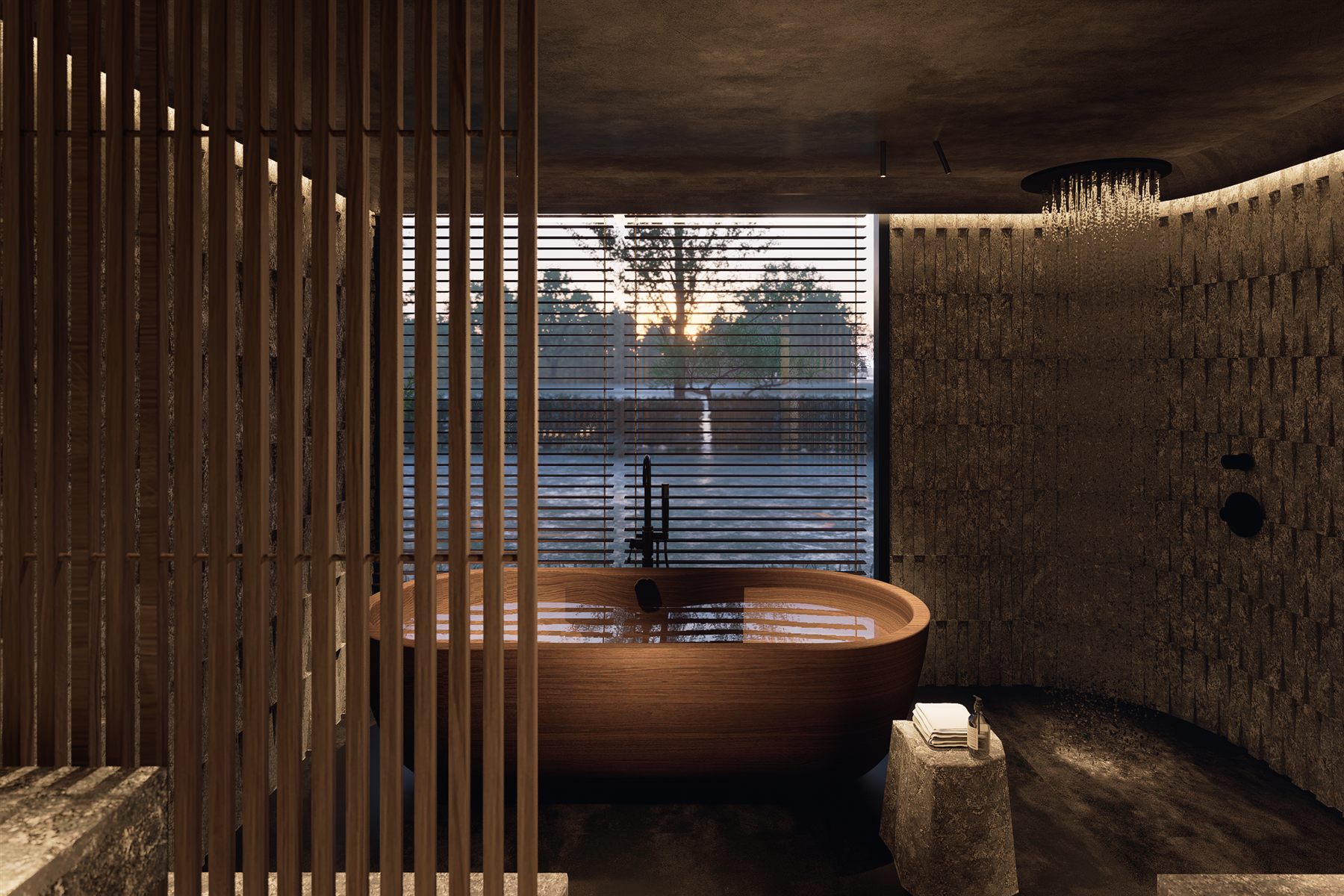 Bathroom — soaking tub with slatted timber screen and garden light