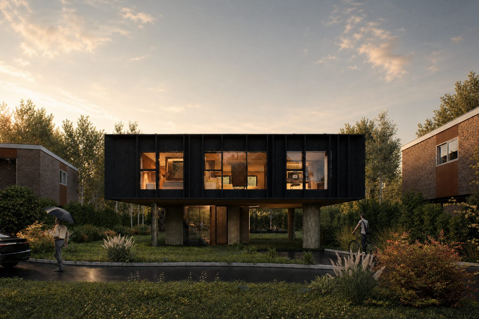 Street elevation — charred timber volume raised on green brick piers