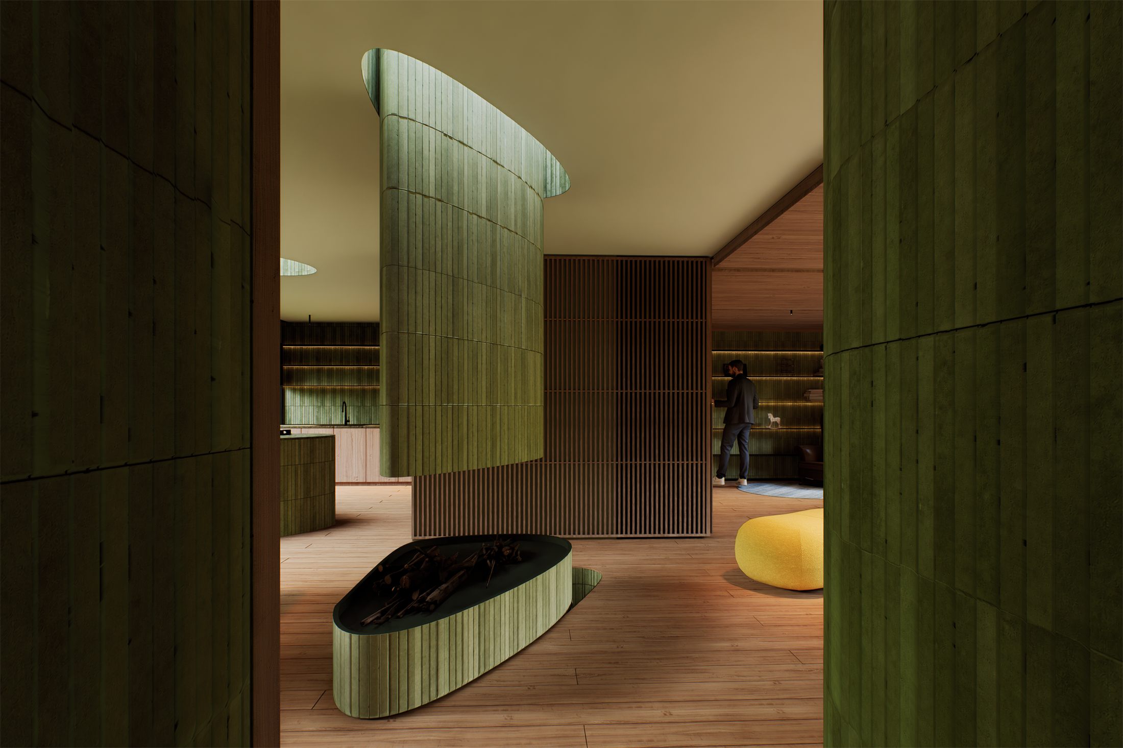 Interior — glazed green brick hearth and curved screen under warm light