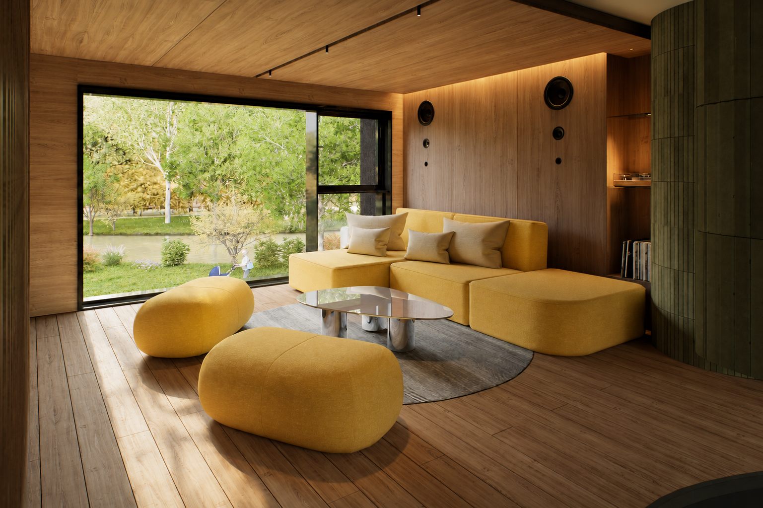Living space — timber lining, glazed green brick screen, opening to the garden