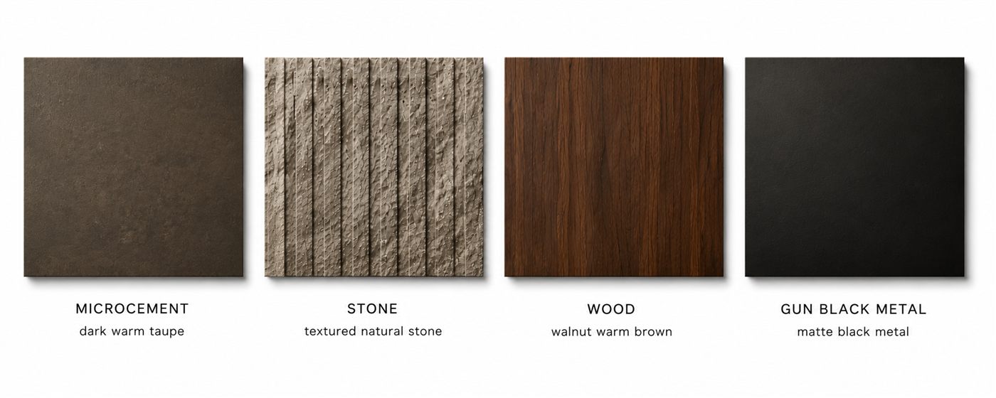Material palette board — microcement, stone, walnut veneer, gun-black metal