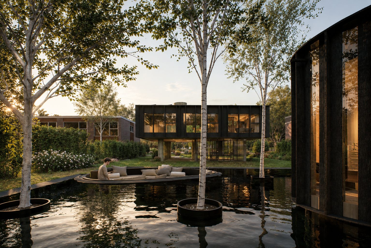 Garden pavilion above the reflecting pool with the house beyond