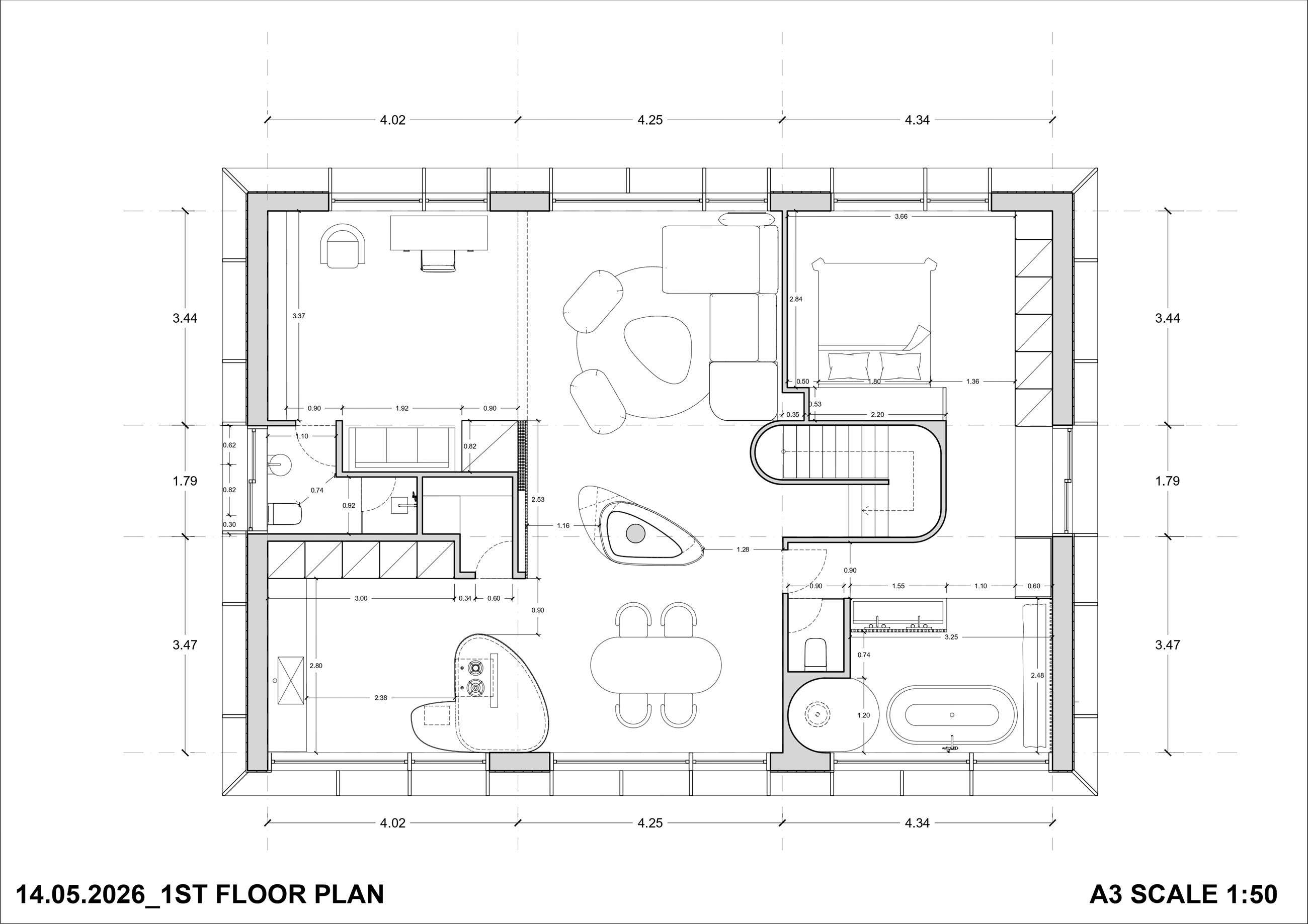First floor plan — living, dining, bedroom, and bathroom at 1:50