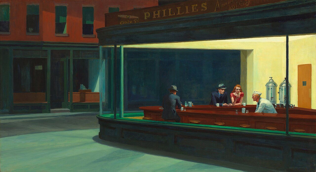 Edward Hopper, Nighthawks, 1942 — tonal reference for the interior palette