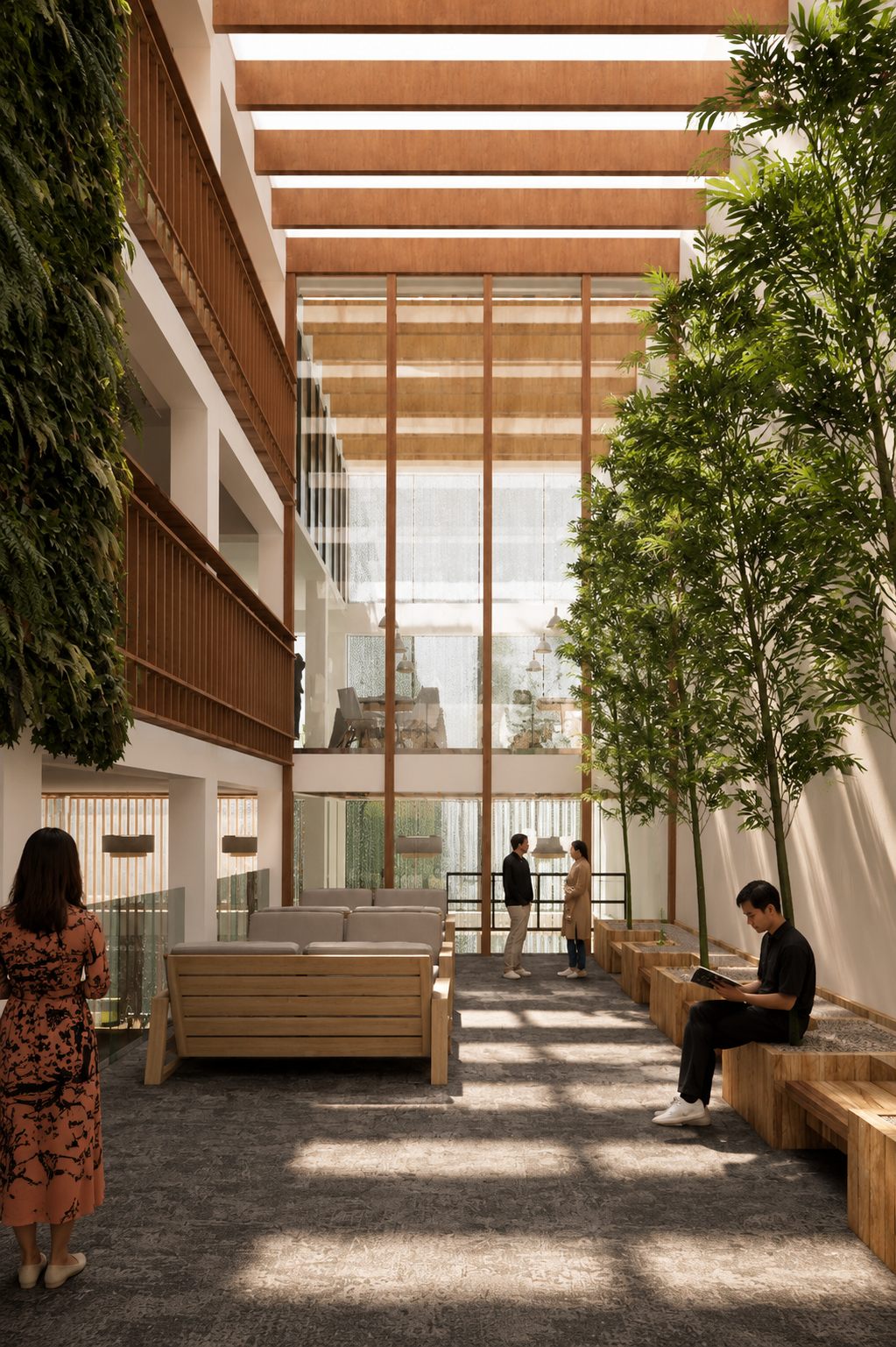 Courtyard render with bamboo planting, timber lounge, and indirect daylight