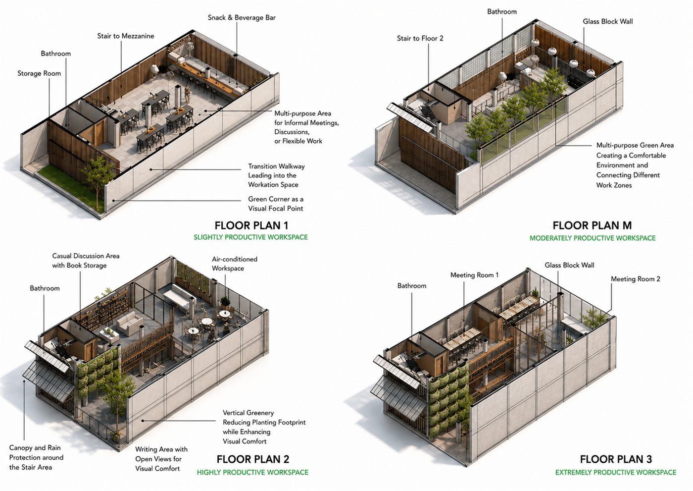 Floor plan axonometrics — four productivity levels