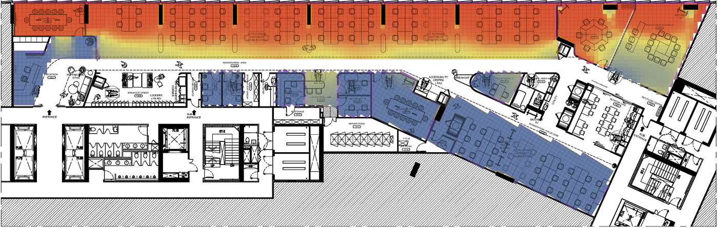 Spatial Daylight Autonomy (sDA 300lx/50%) heatmap — daylight simulation result across all occupied zones, 53.2% of analysis area meets threshold